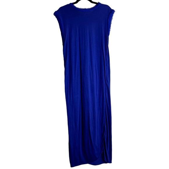 LANVIN Paris Blue Silk Ruched Midi Dress Size M Sleeveless Fringe Hem Luxury - Picture 3 of 13